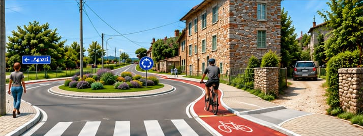 Il rendering dell'incrocio di via Chiarini con la rotatoria, il marciapiede, la corsia ciclabile e l'attraversamento pedonale richiesti dai residenti